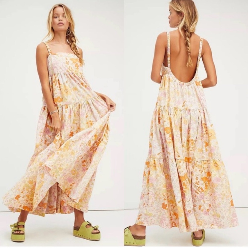 Free People Pastel Floral Tiered Maxi Dress in Yellow and Pink